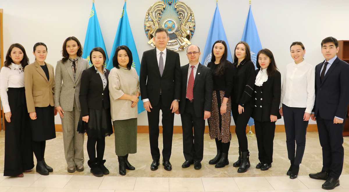Kazakh students take part in a debate on Kazakhstan's work at UN Security Council in New York