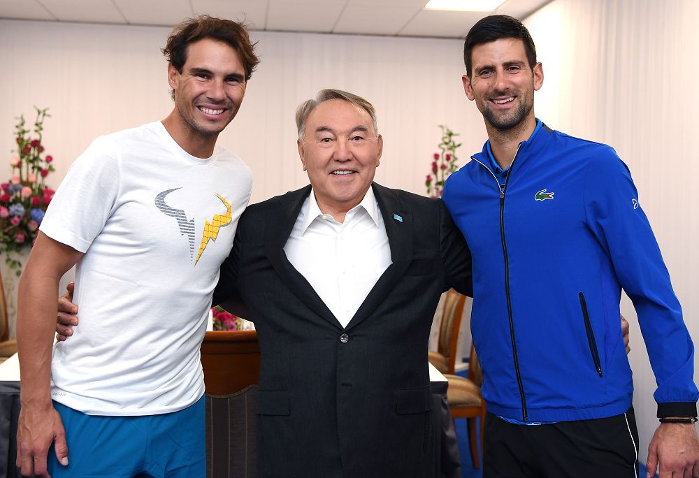 Kazakhstan's first President attends charity tennis match between Novak Djokovic and Rafael Nadal