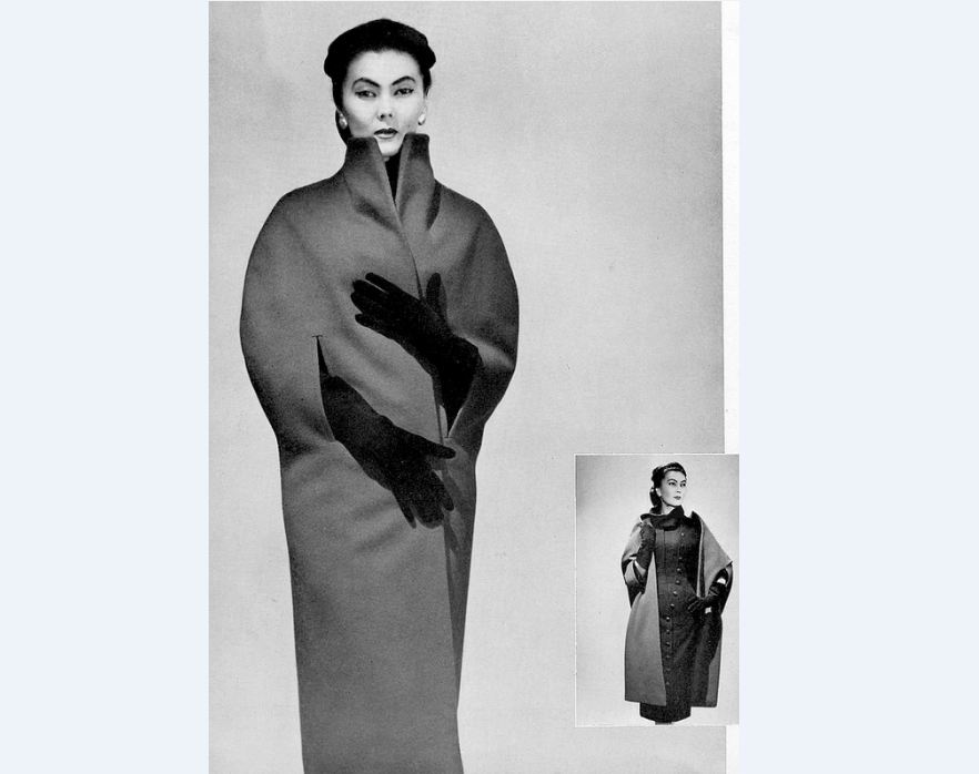 Alla is wearing a narrow blue wool cape by Christian Dior, photo by Georges Saad, 1954